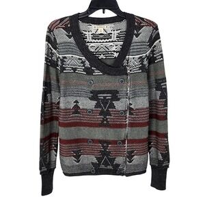 Ruff Hewn Southwestern Aztec Zip Up‎ Knit Sweater Womens Medium Gray Red Green